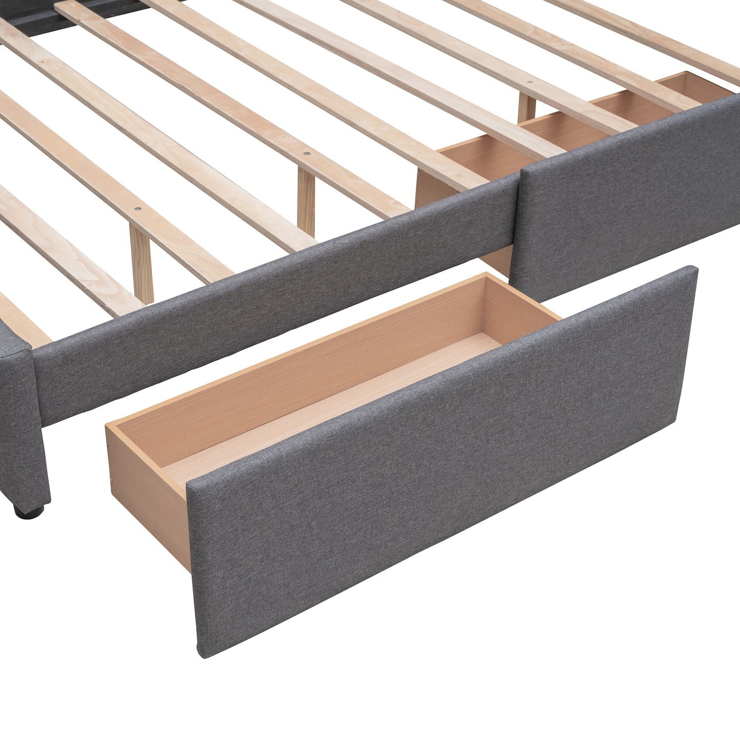Gray upholstered bed frame with open storage drawer and wooden slats