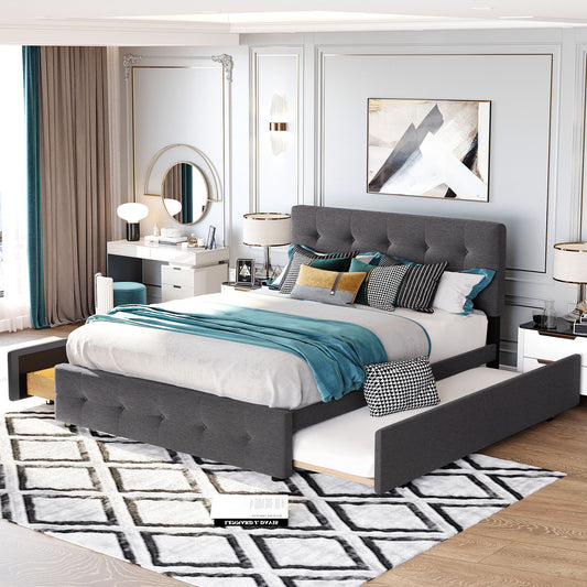 Gray upholstered king bed with pullout trundle