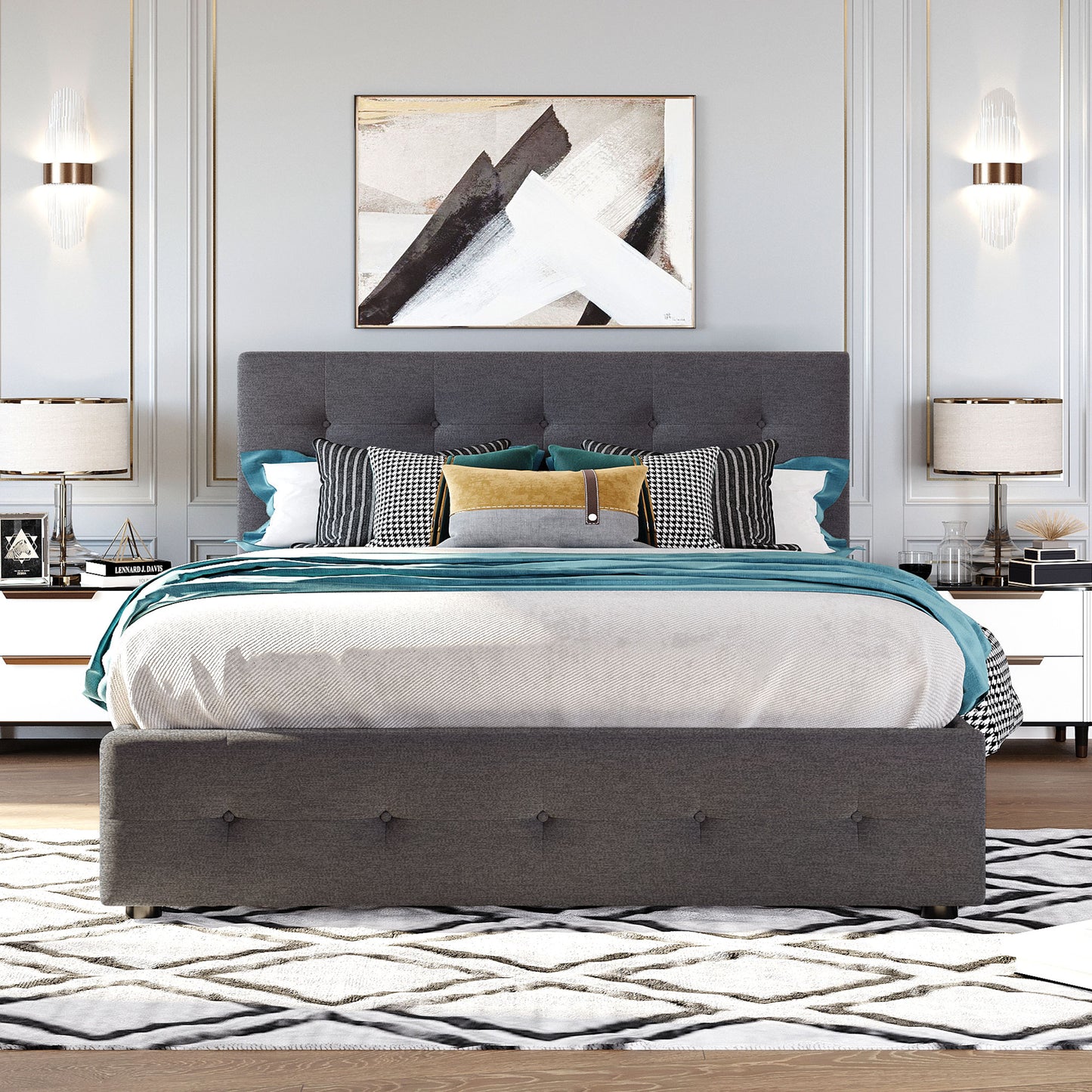 Dark grey tufted upholstered queen bed with teal throw and patterned pillows
