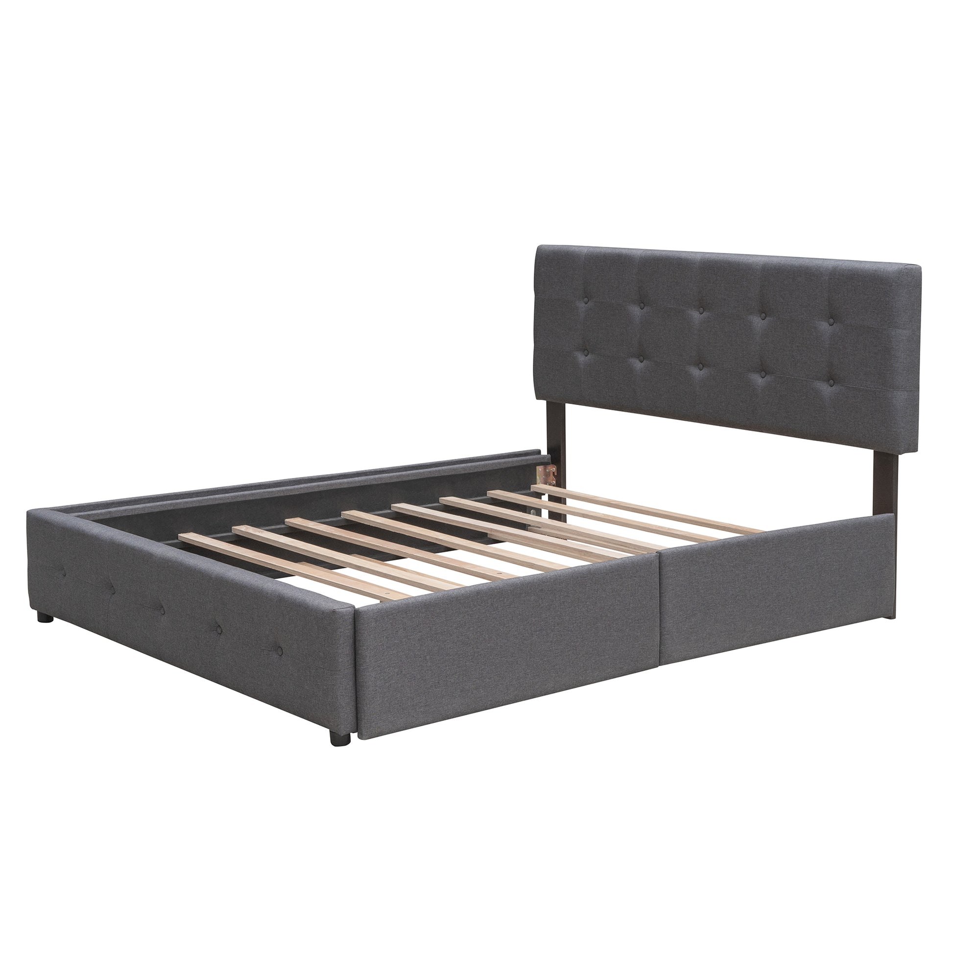 Dark gray fabric bed frame with tufted headboard and wooden slats