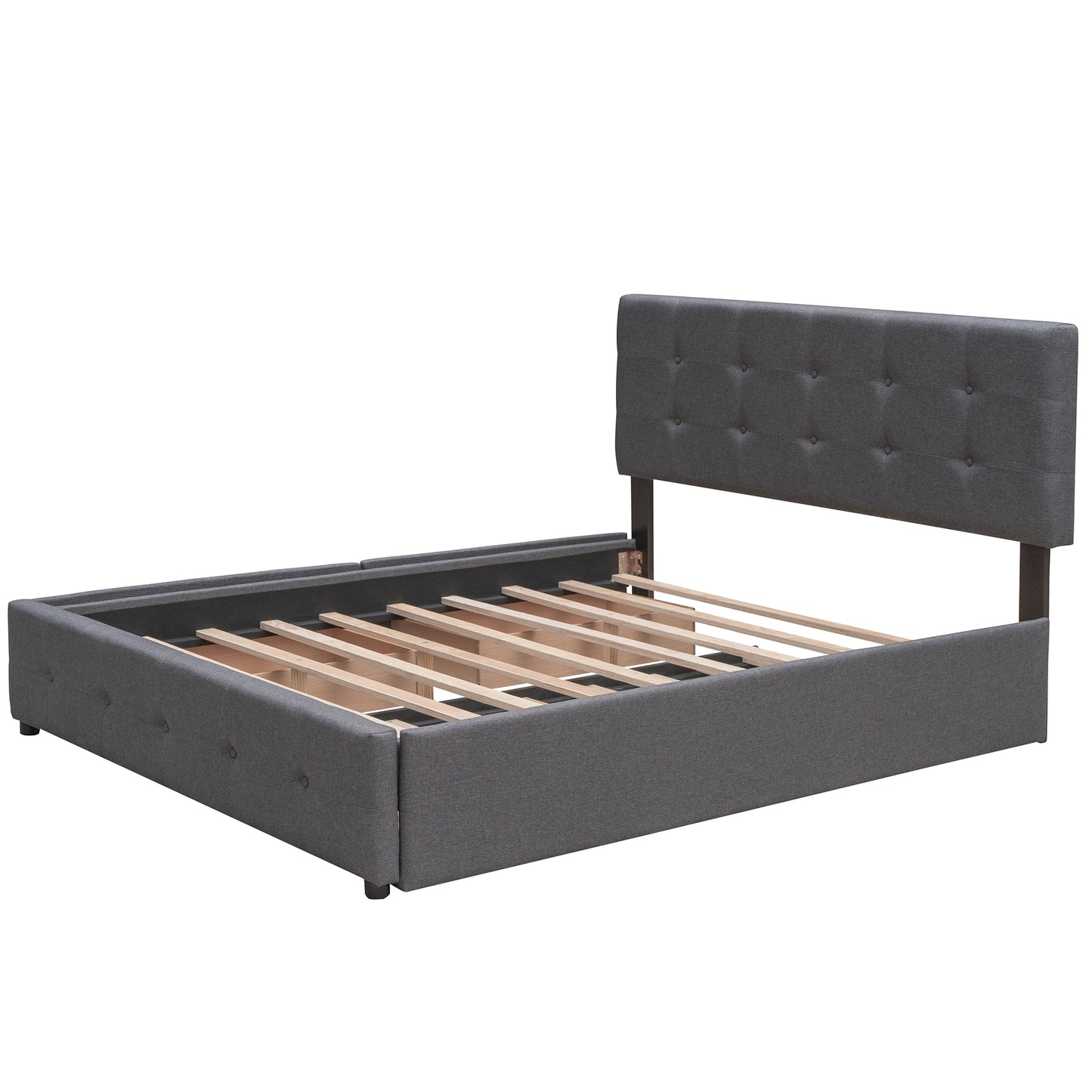 Dark grey tufted upholstered bed frame with wooden slats