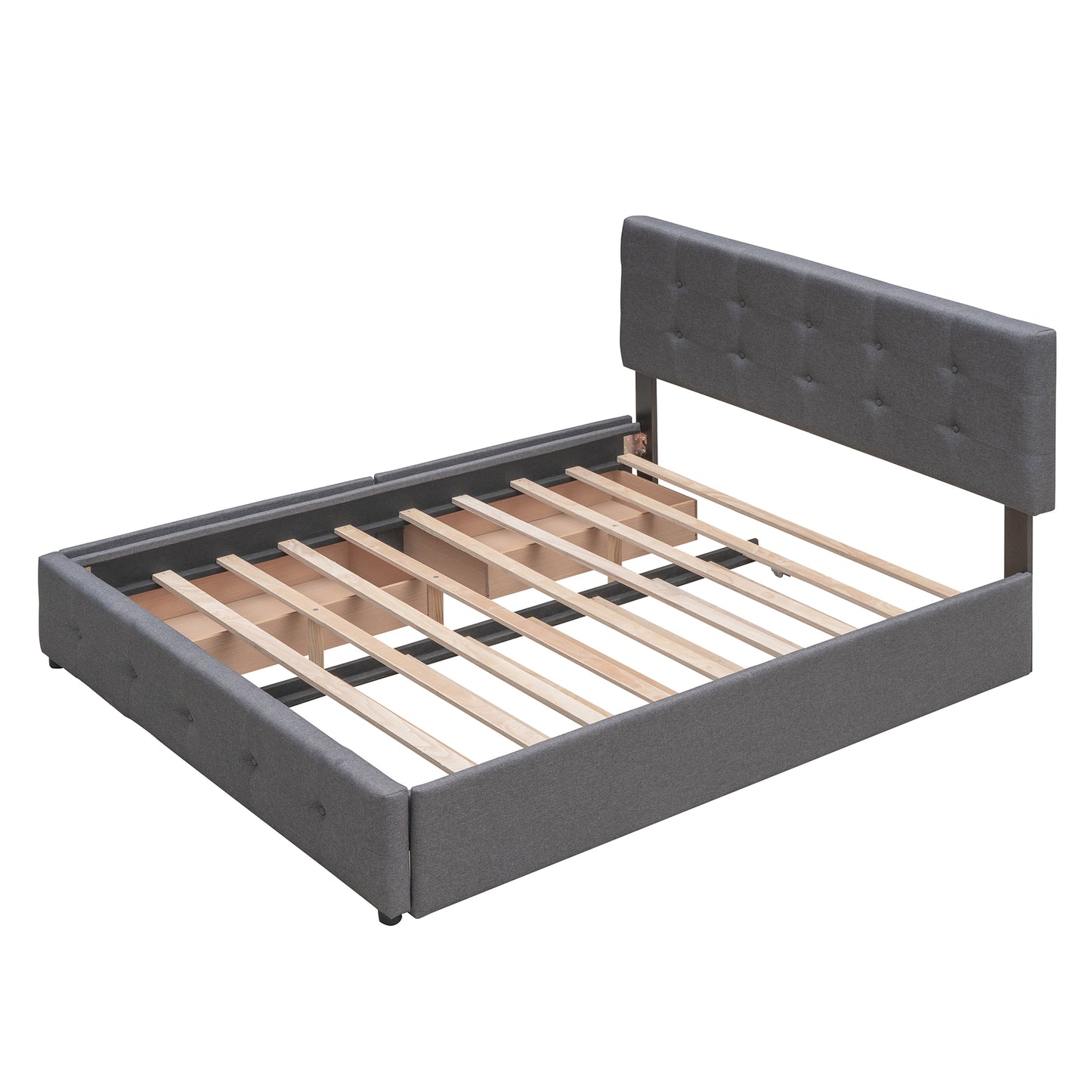 Gray upholstered platform bed frame with buttontufted headboard and wooden slats