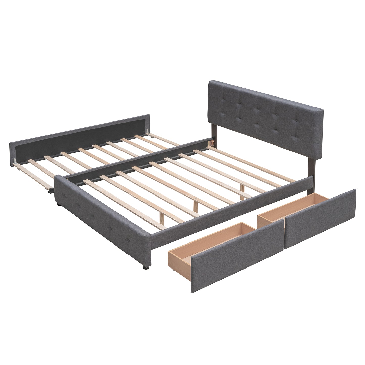 Dark grey upholstered bed frame with tufted headboard and storage drawers
