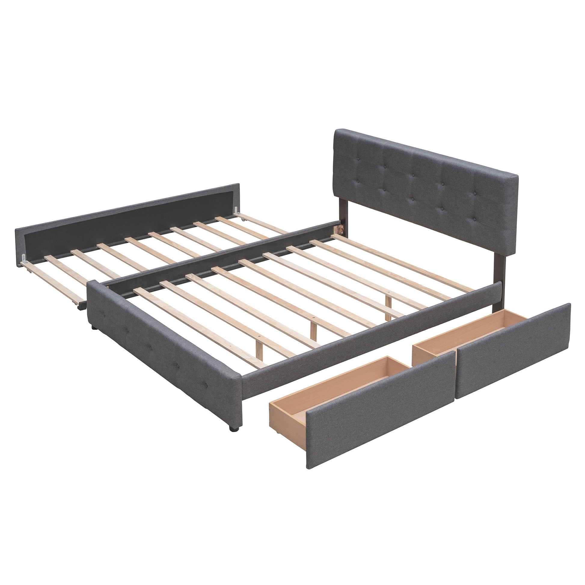 Dark grey upholstered bed frame with tufted headboard and storage drawers