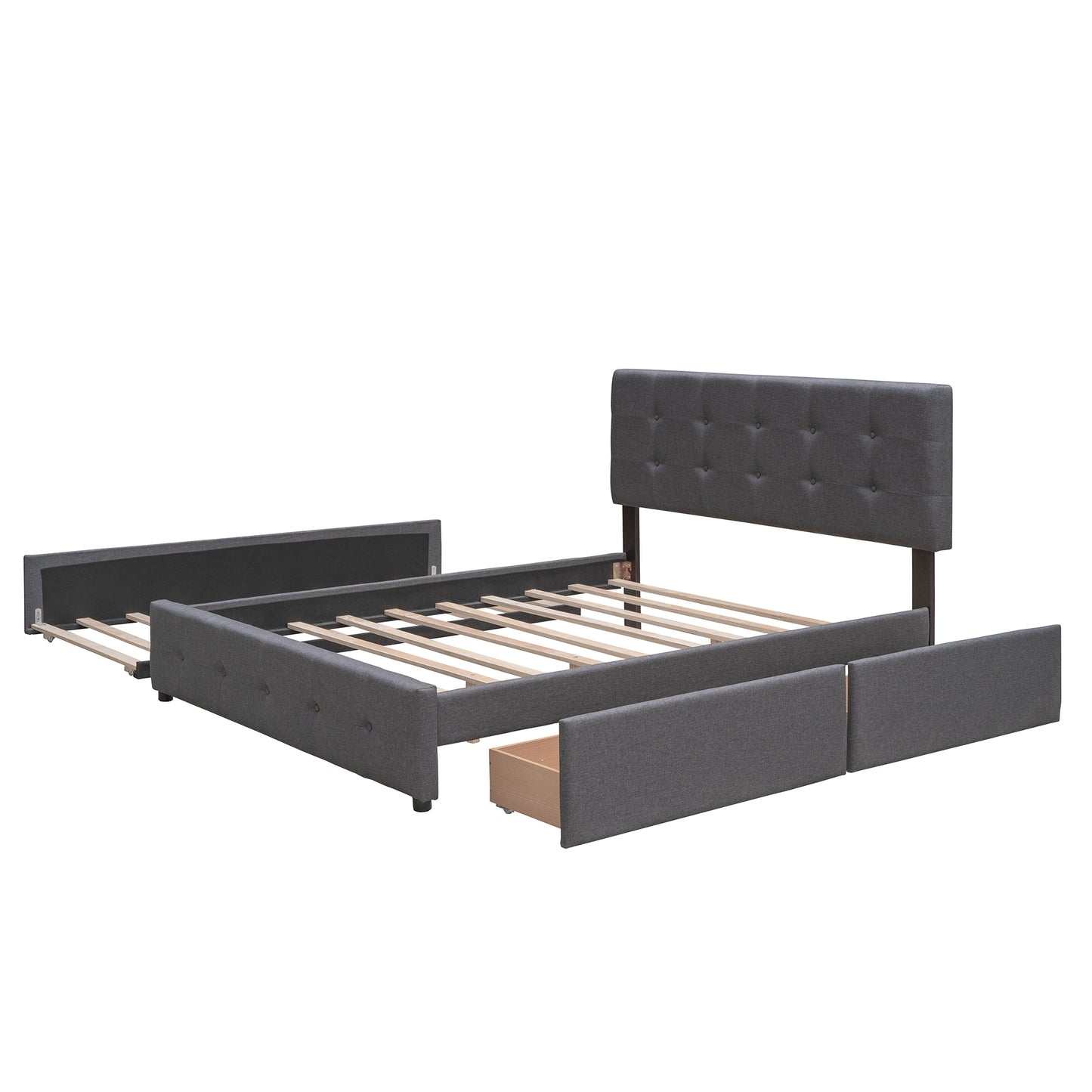 Dark gray upholstered twin bed frame with tufted headboard and storage drawers