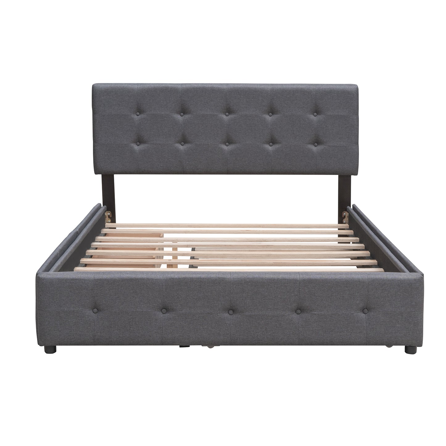 Tufted grey fabric upholstered platform bed frame with wooden slats