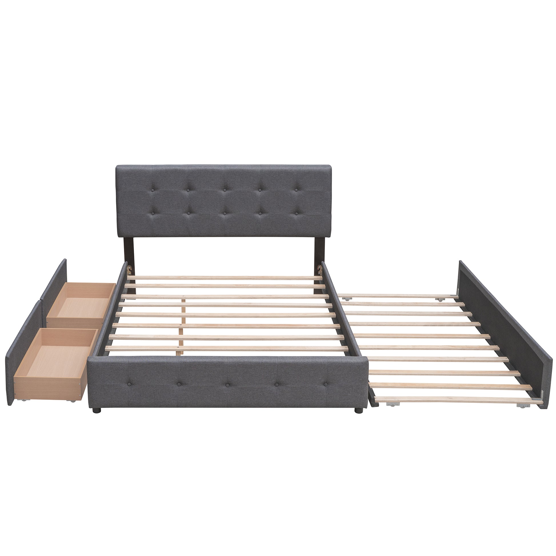 Grey fabric bed frame with tufted headboard and two pullout drawers