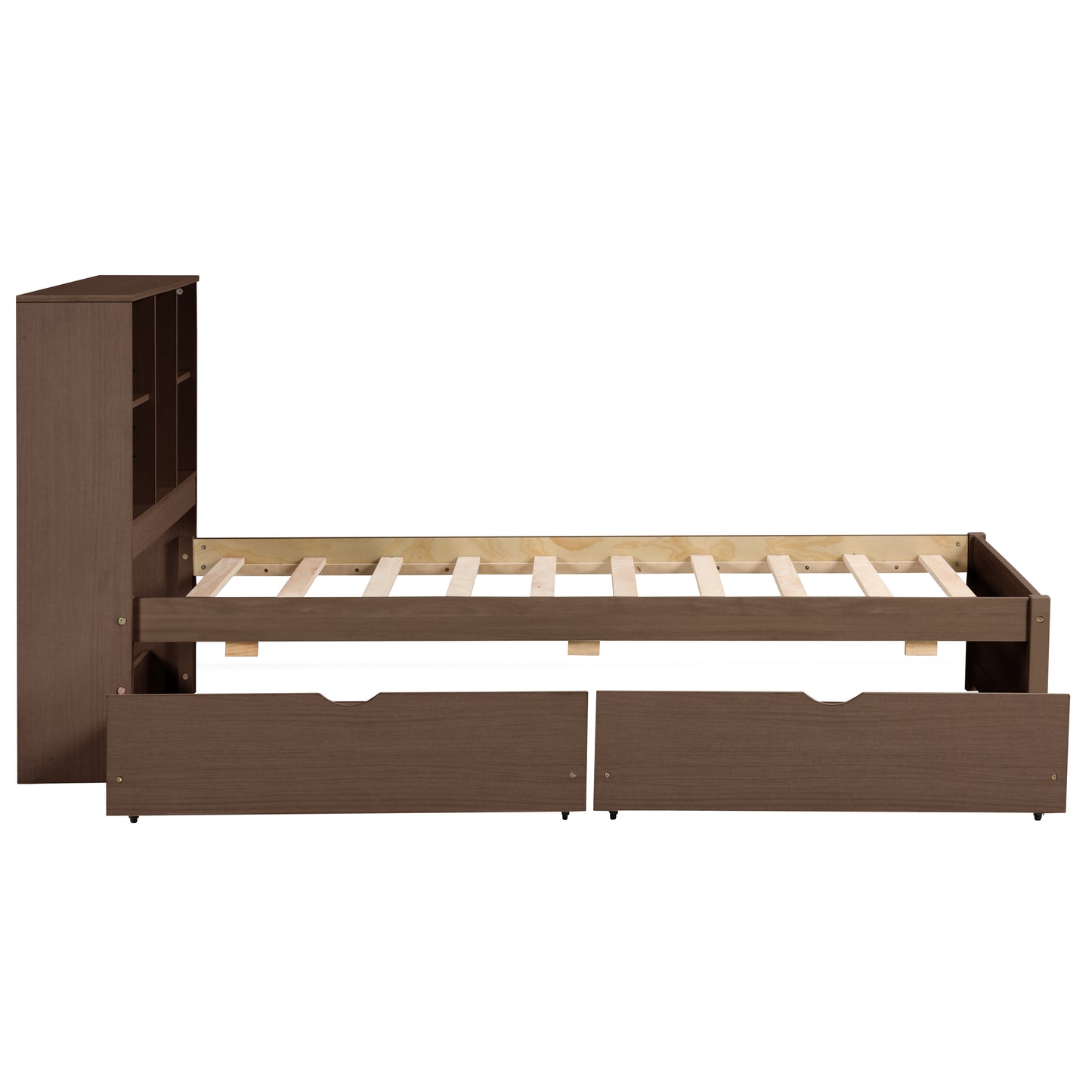 Brown twin bed frame with two drawers and bookshelf headboard