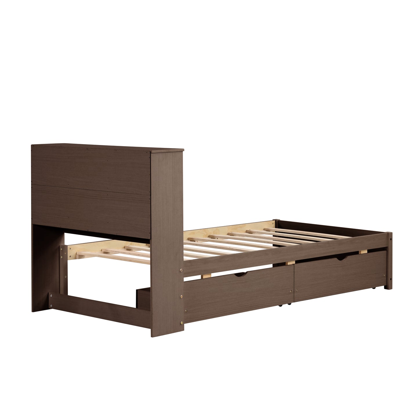 Dark brown twin bed frame with storage drawers and slatted support
