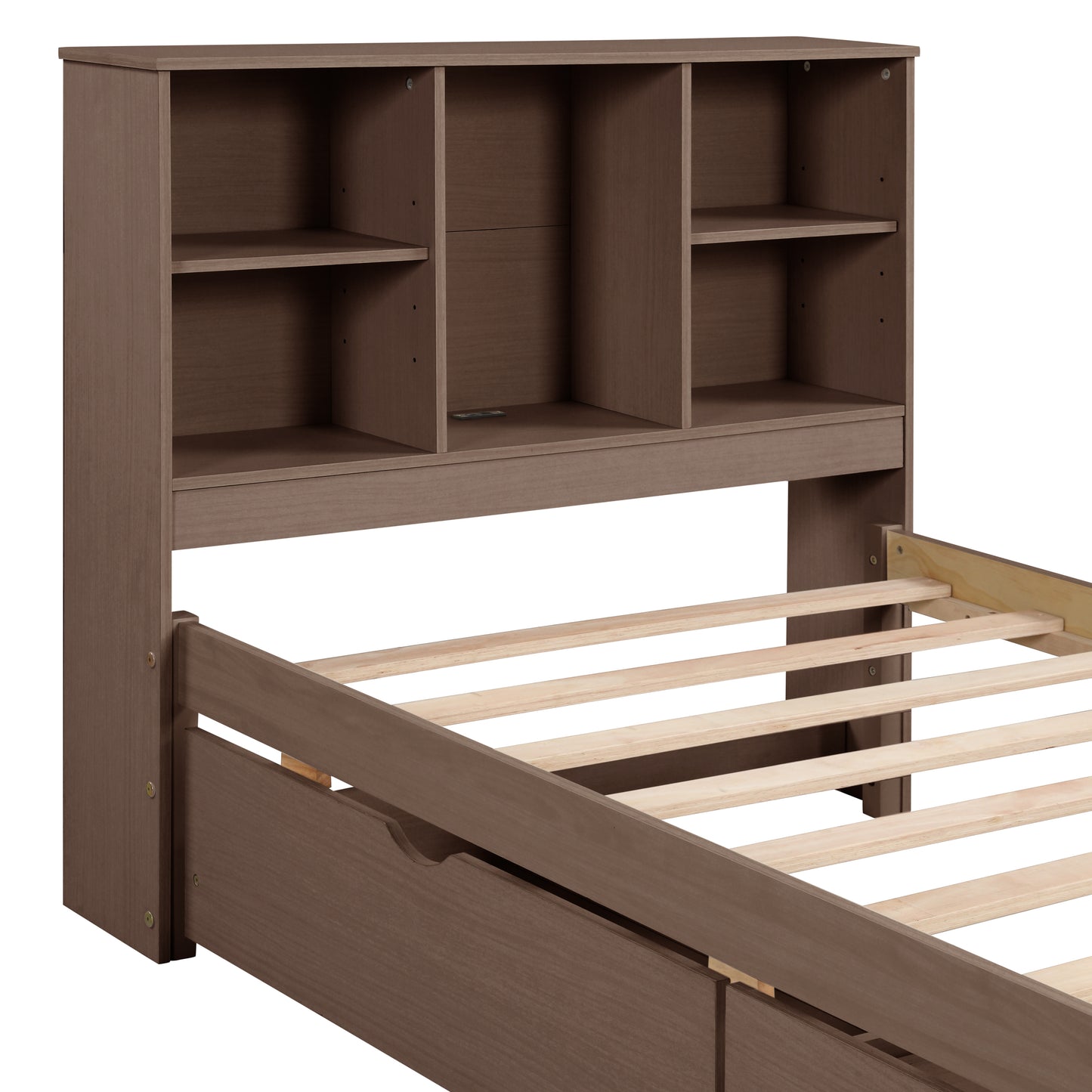 Dark brown wood bookshelf headboard with open shelves
