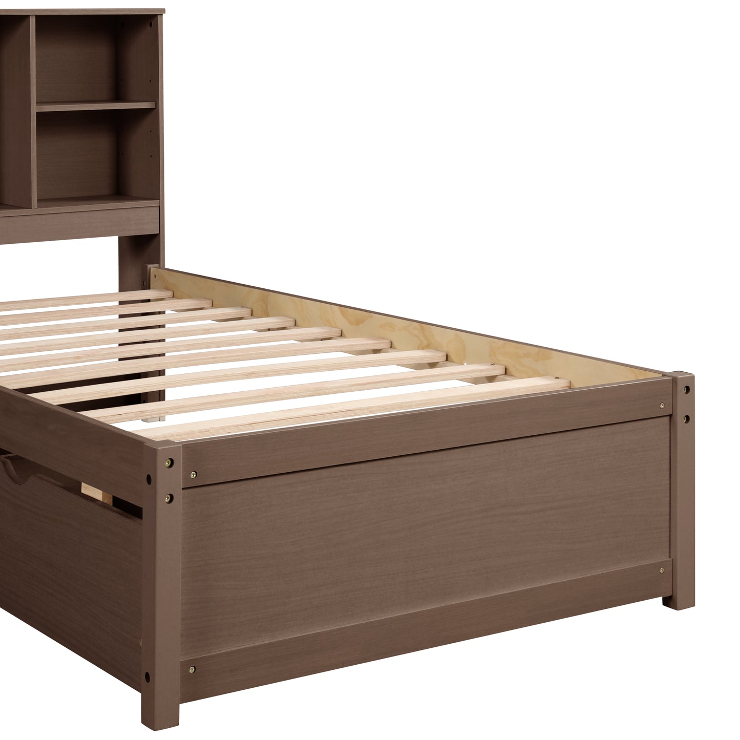 Brown twin bed frame with bookcase headboard and storage drawers