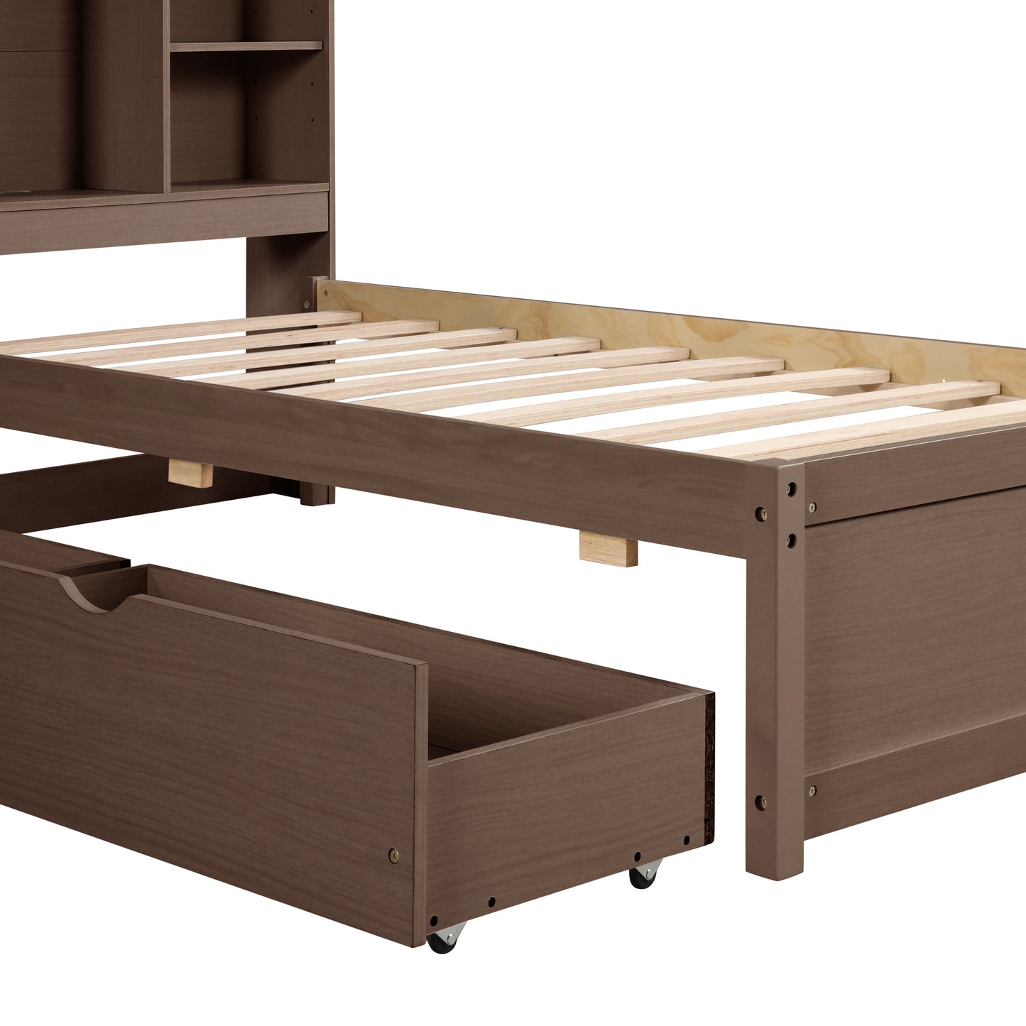 Brown wooden bed frame with open storage drawer and slatted support