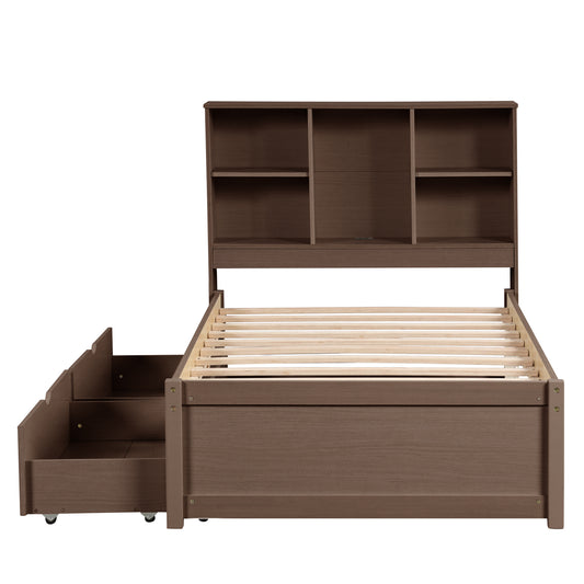 Brown twin bed with drawers and bookshelf headboard