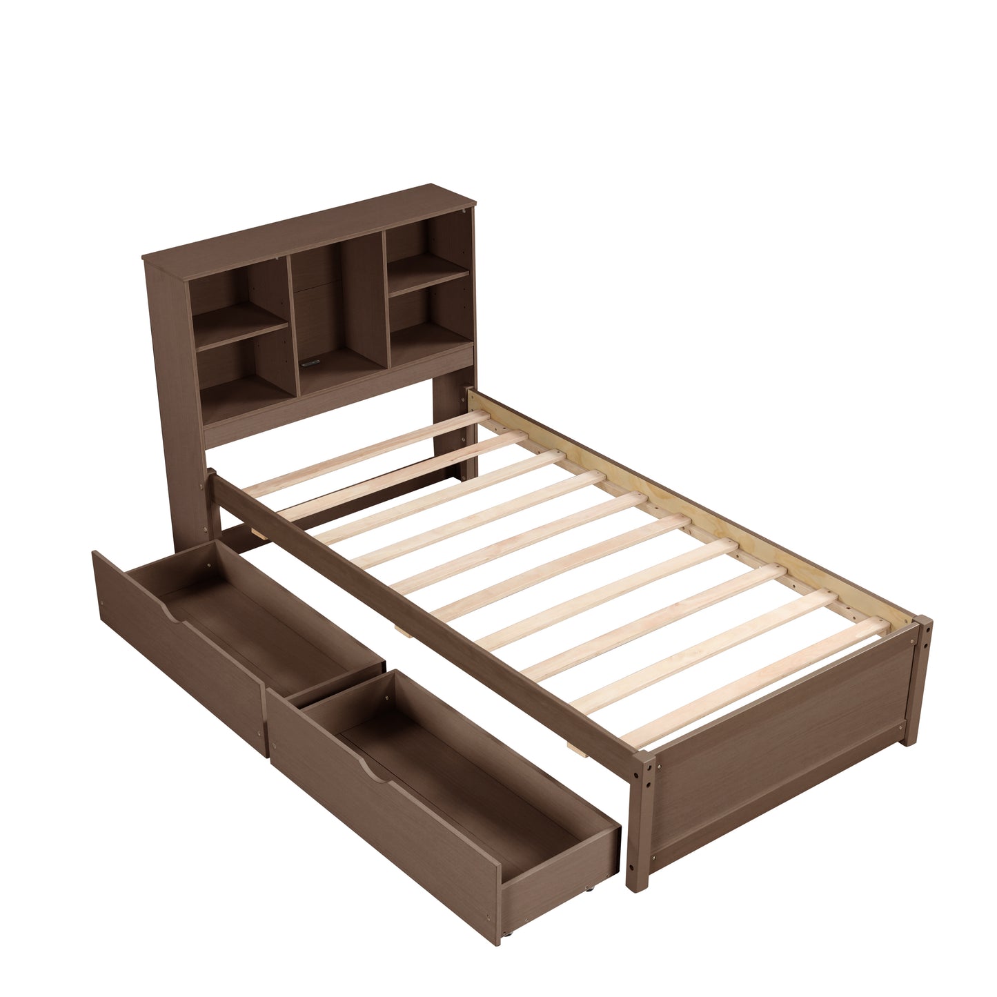Brown twin bed frame with builtin bookcase headboard and two storage drawers