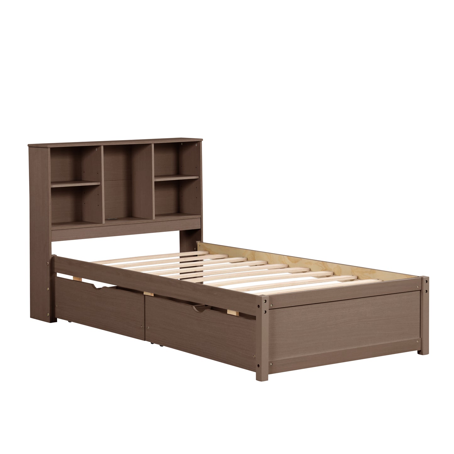 Brown twin bed frame with bookcase headboard and two storage drawers