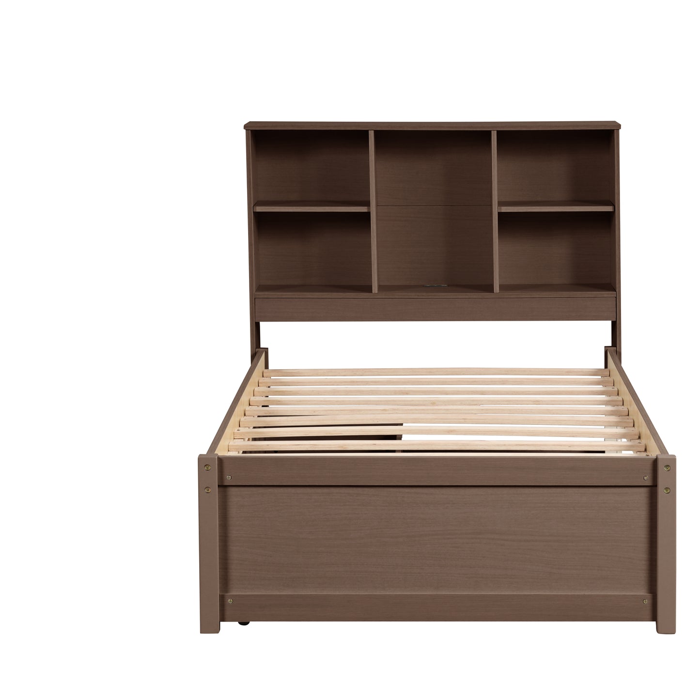 Brown wooden twin bed frame with builtin bookshelf headboard and slatted base
