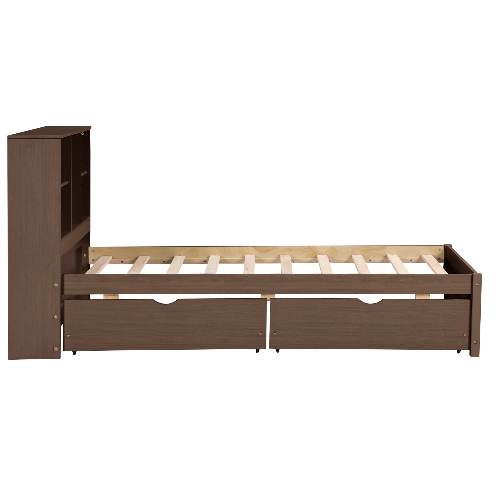 Dark brown wooden twin bed frame with bookshelf headboard and two underbed drawers