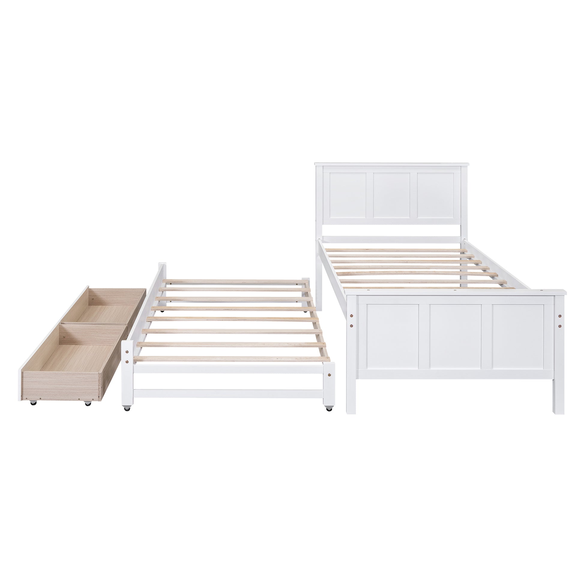 White twin bed frame with pullout drawer and slatted base