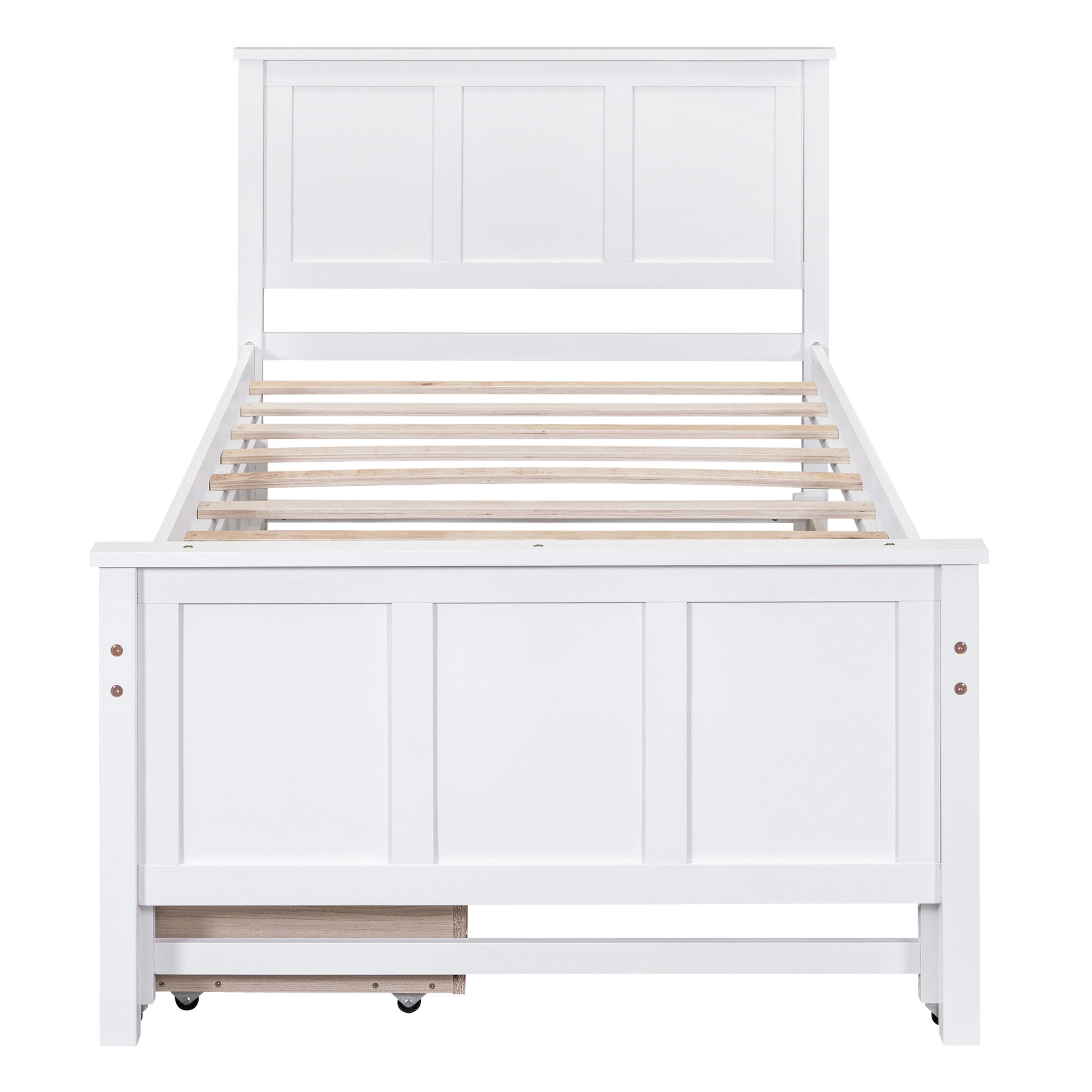 White wood twin bed frame with slatted base and storage drawer