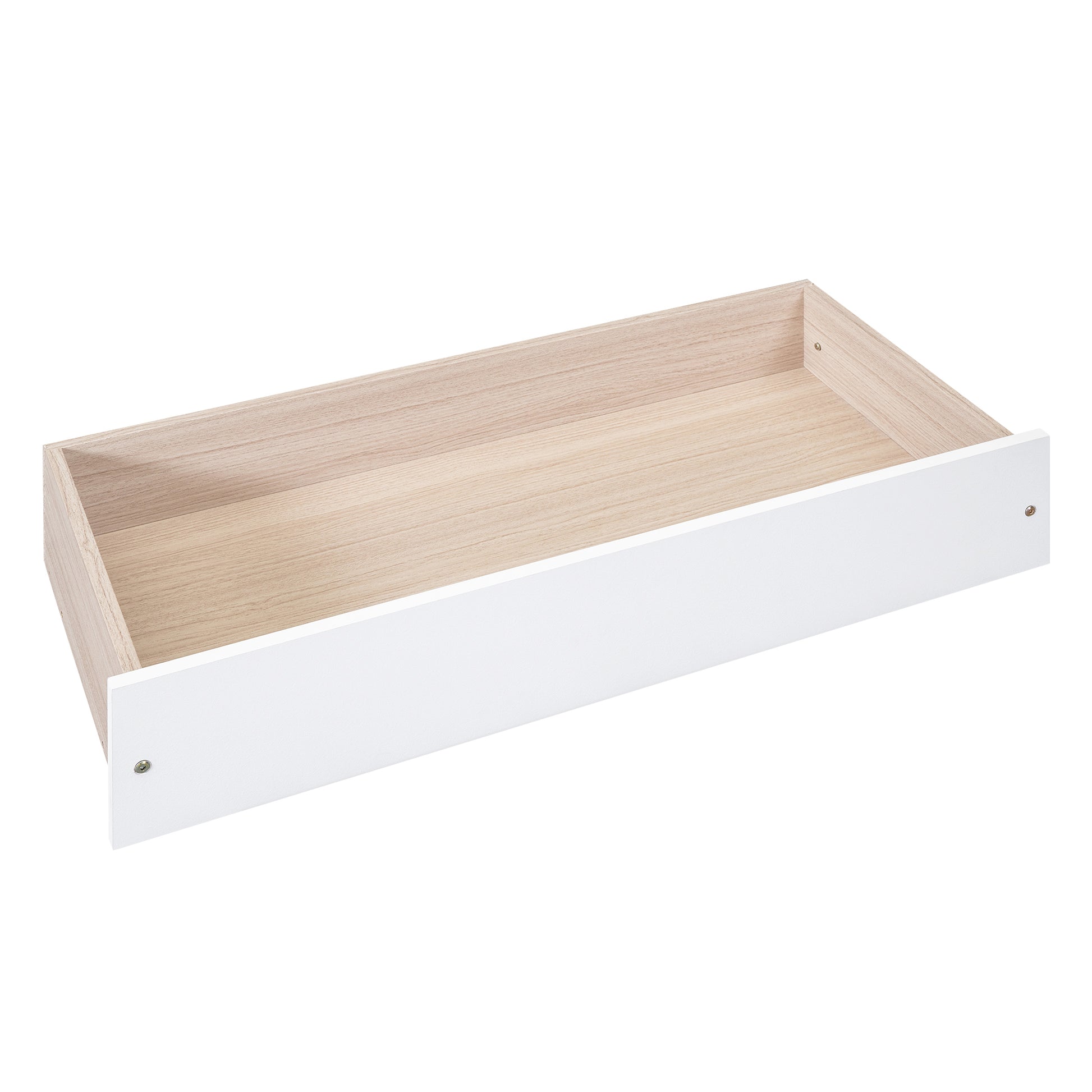 White and wood grain drawer box ideal for bedroom storage Open design showcases interior