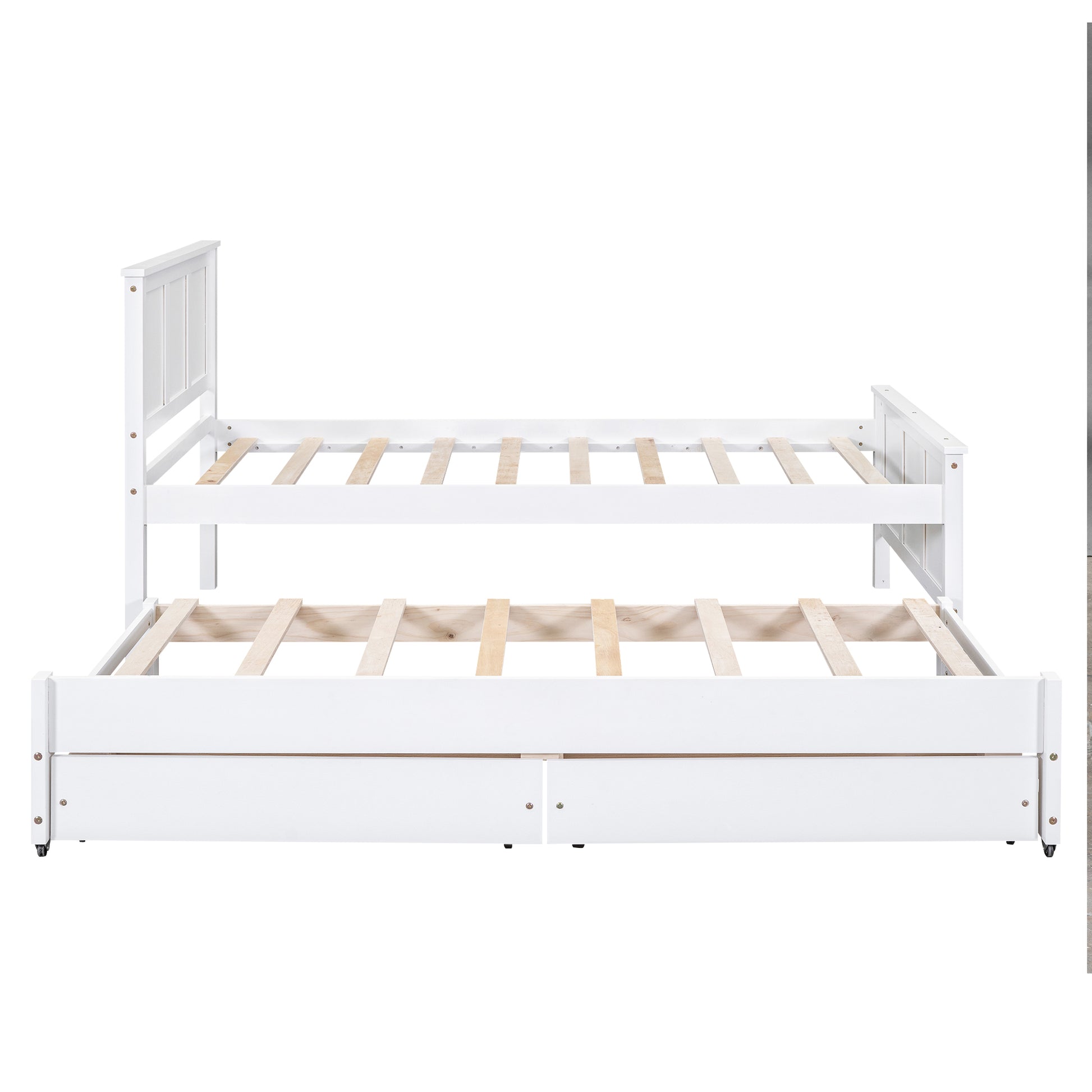 White wooden daybed with trundle and drawers