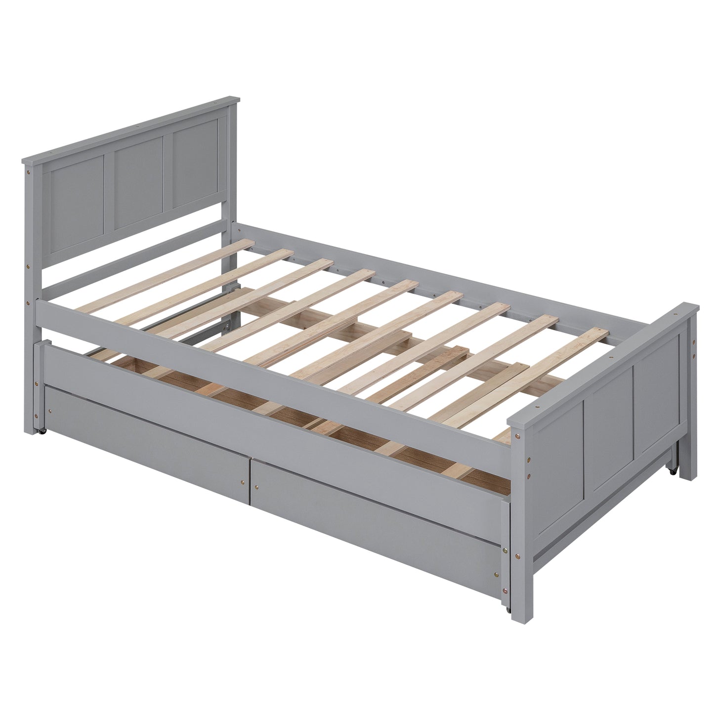 Gray twin daybed with storage drawers and slatted frame