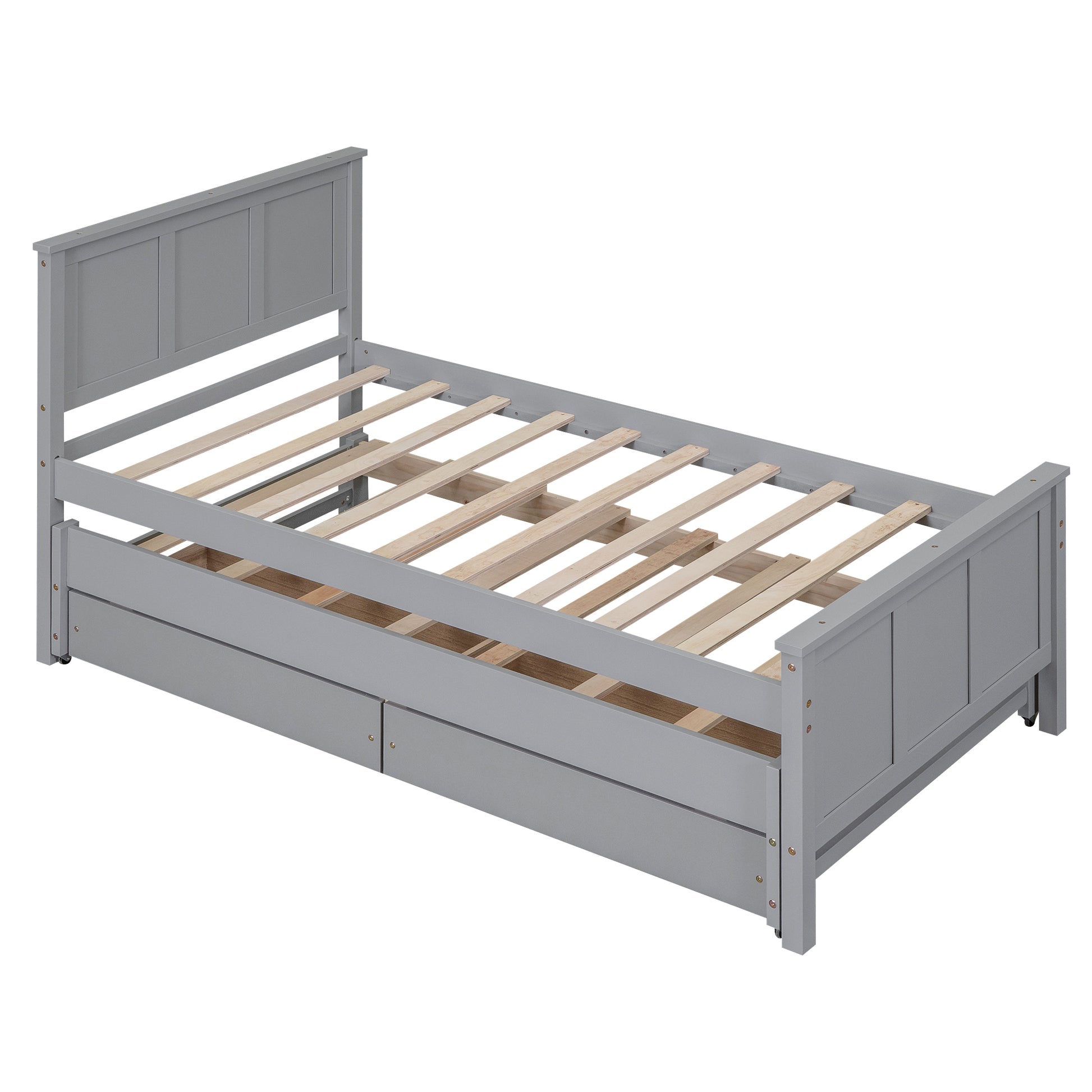 Gray twin daybed with storage drawers and slatted frame