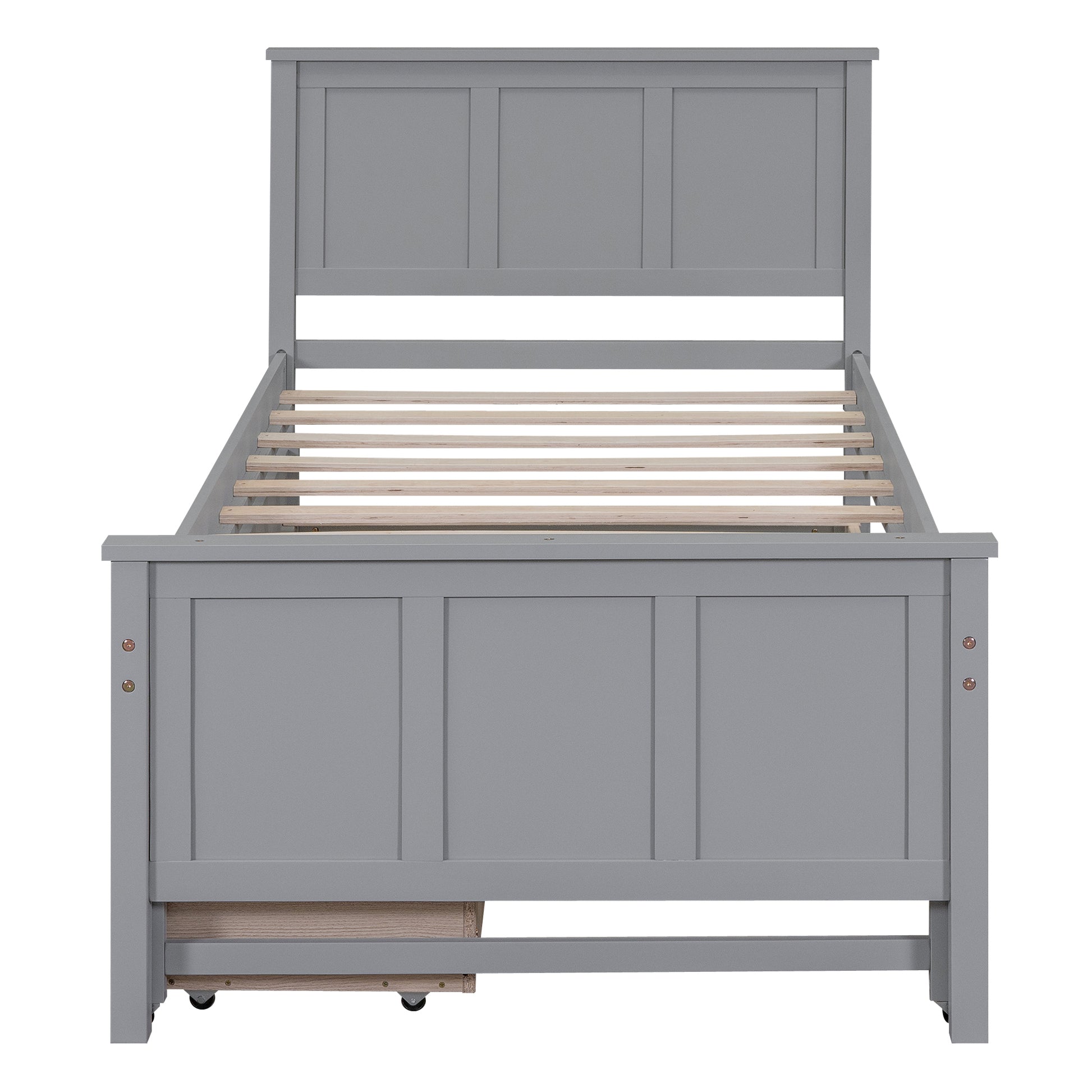 Gray twin bed frame with slatted support
