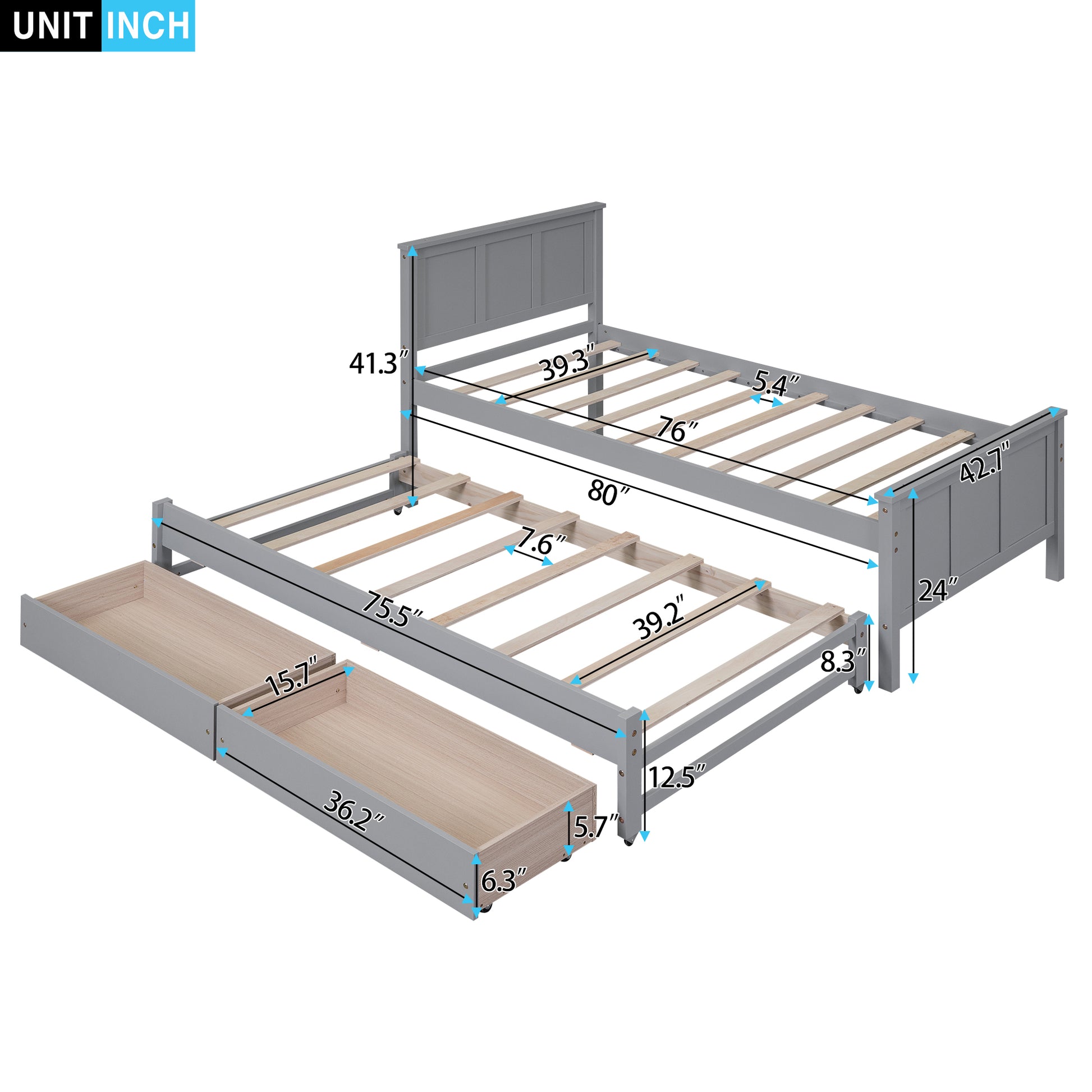 Gray twin bed frame with pullout trundle and storage drawers