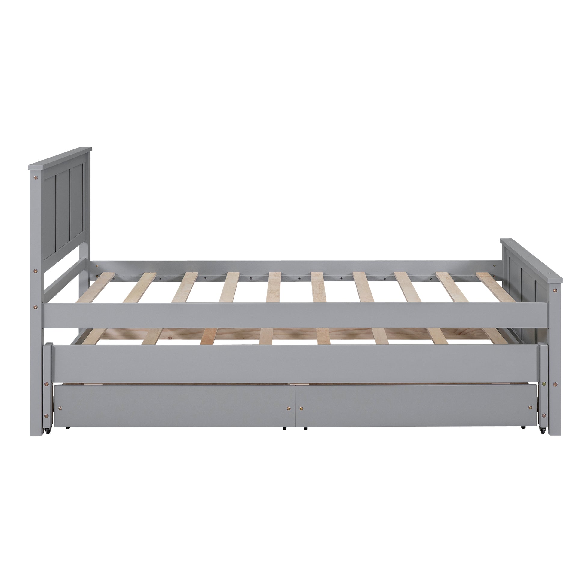 Grey wooden daybed with slatted support and hidden storage drawers