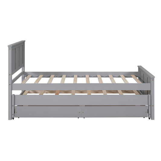 Grey wooden daybed with slatted support and hidden storage drawers