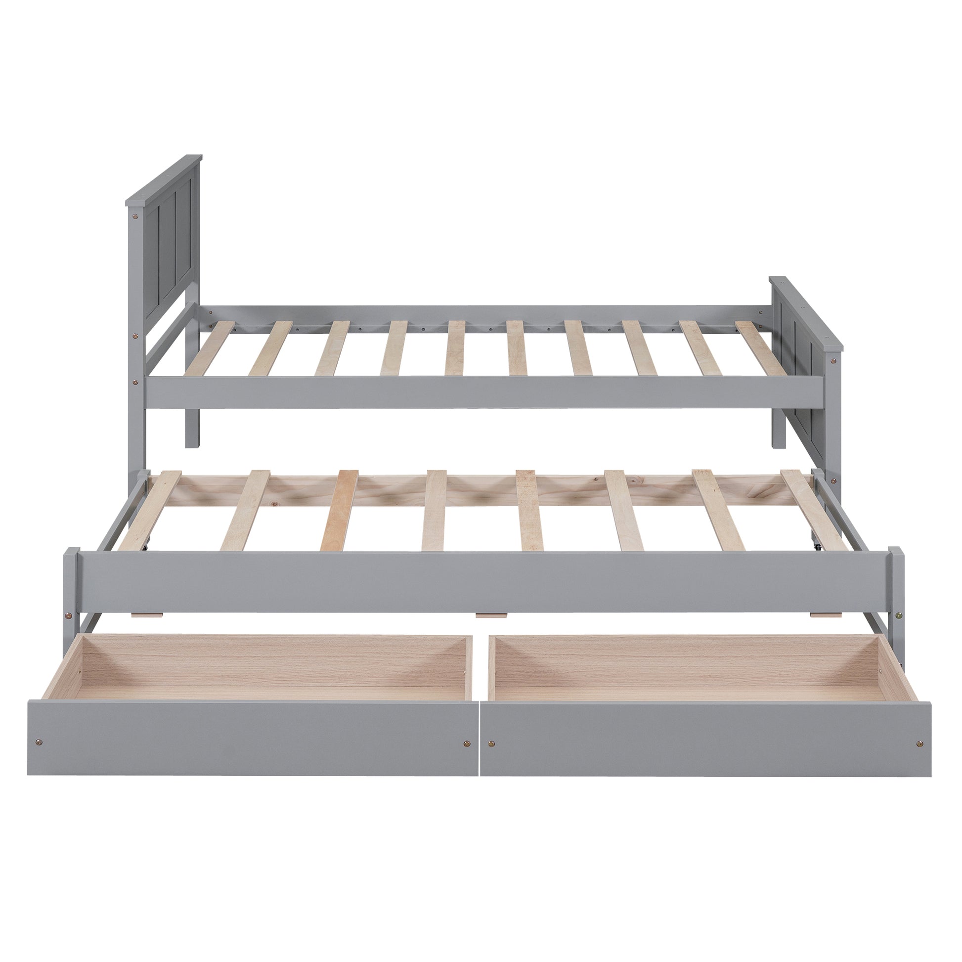 Gray wood daybed with pullout trundle and two storage drawers
