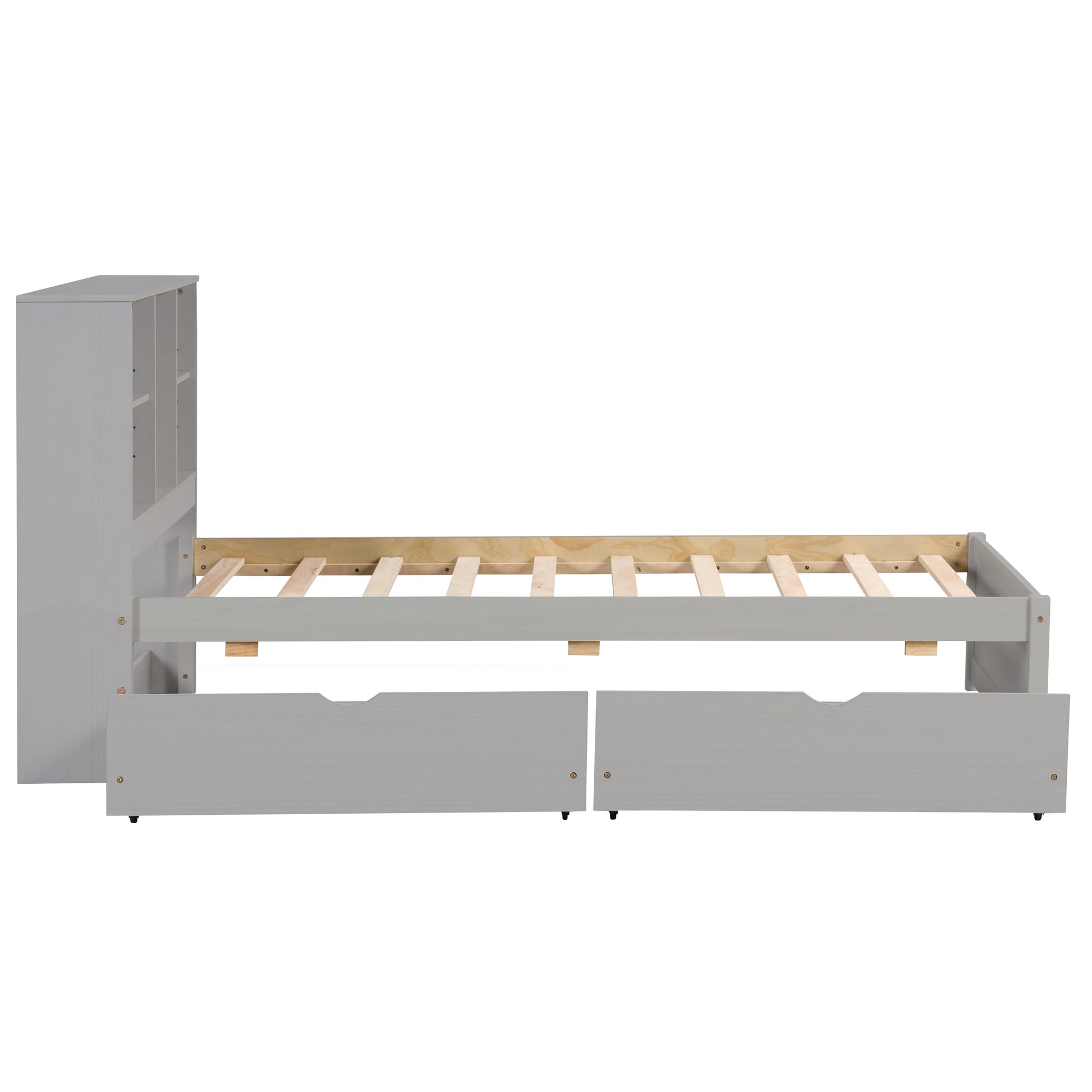 Gray twin bed frame with bookcase headboard and two storage drawers