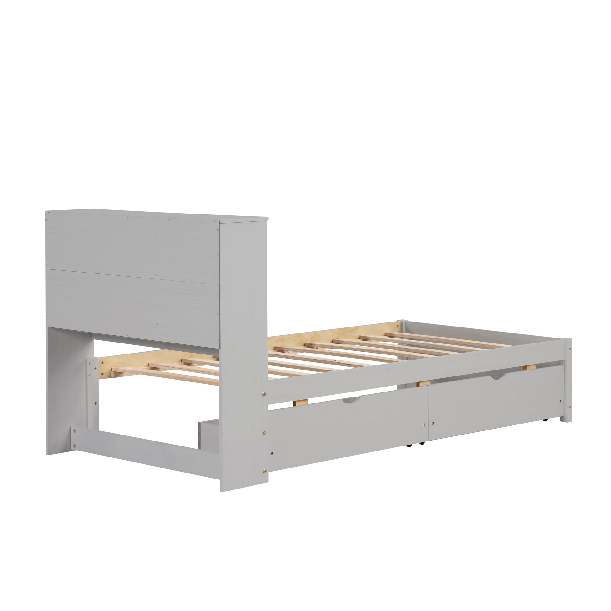 Gray twin bed frame with integrated storage drawers and wooden slats