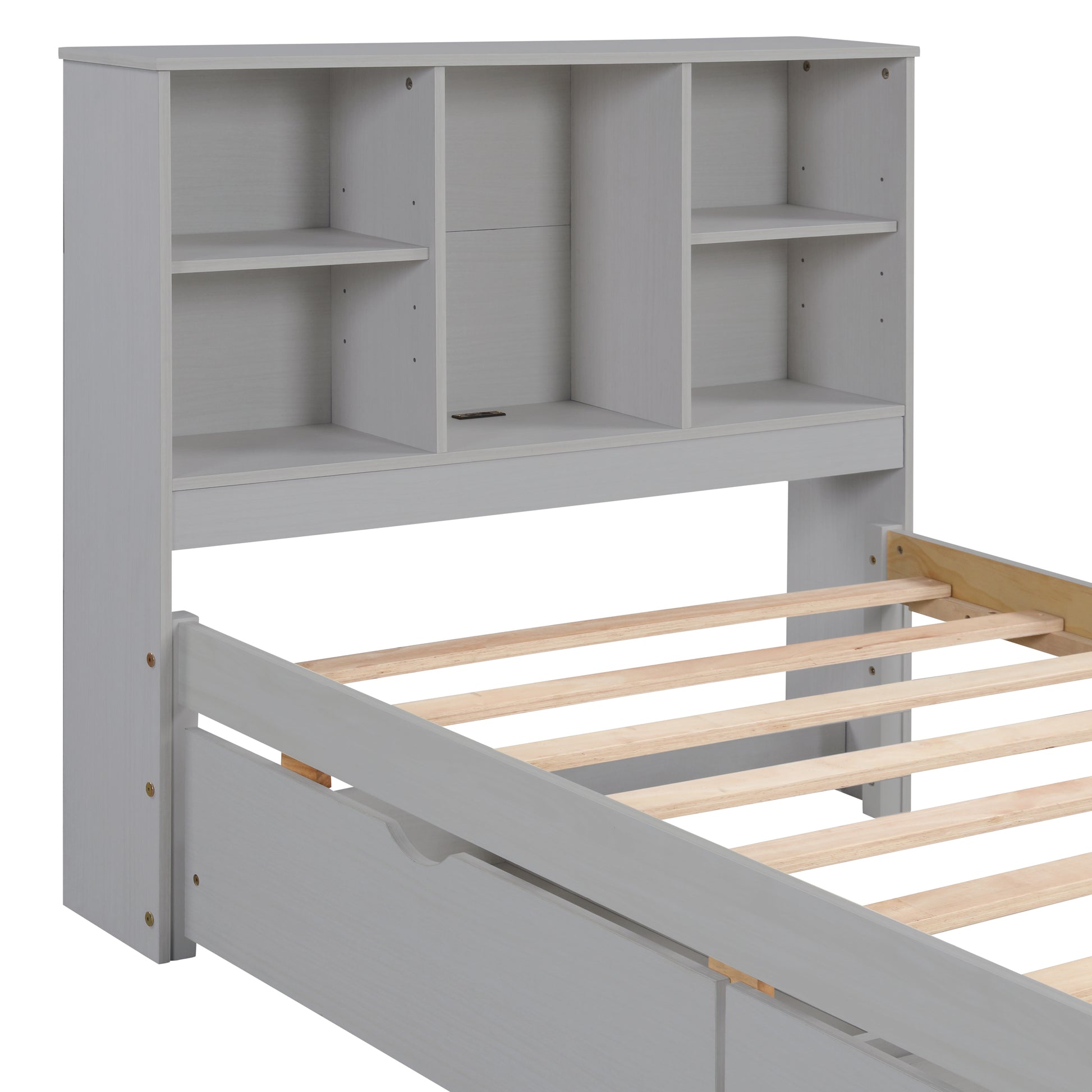 Gray wooden bed frame with builtin bookshelf headboard