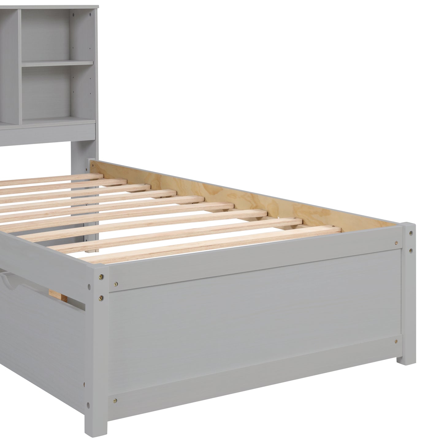 Gray twin bed frame with builtin bookshelf headboard and wooden slats