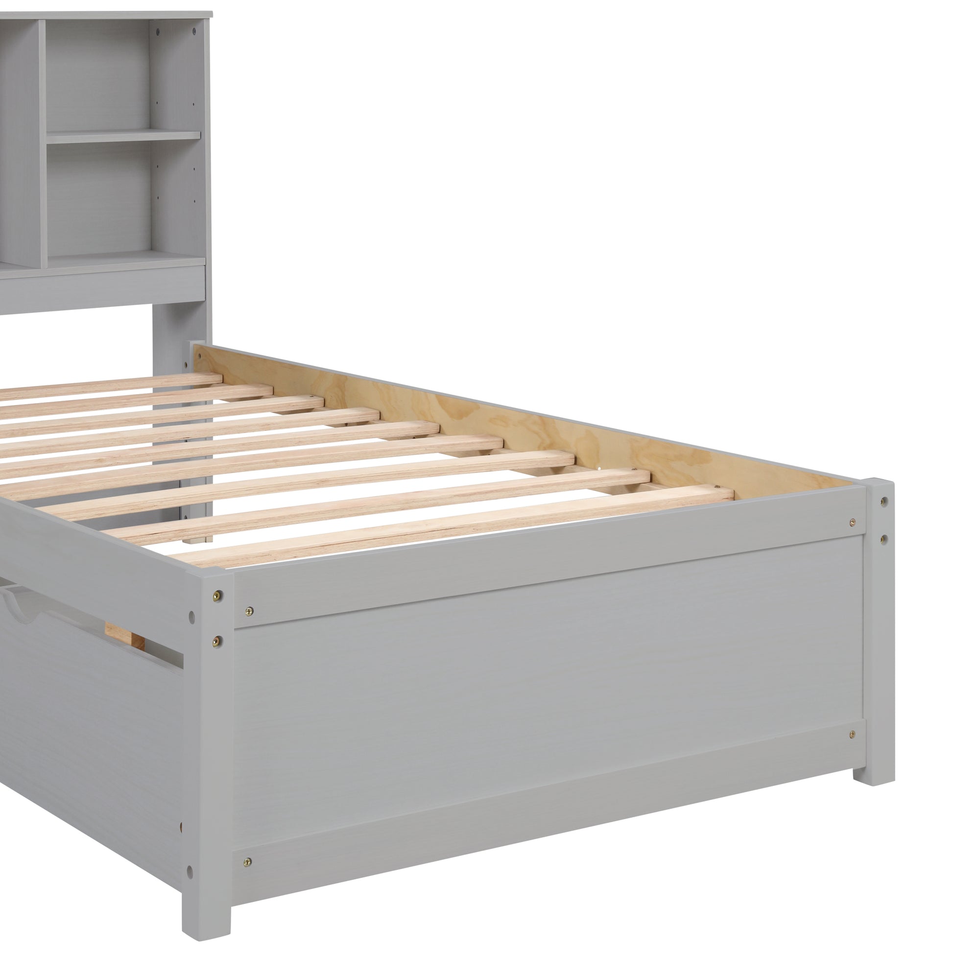 Gray twin bed frame with builtin bookshelf headboard and wooden slats