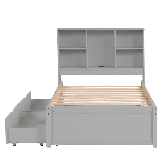 Gray twin bed frame with builtin shelving and storage drawers