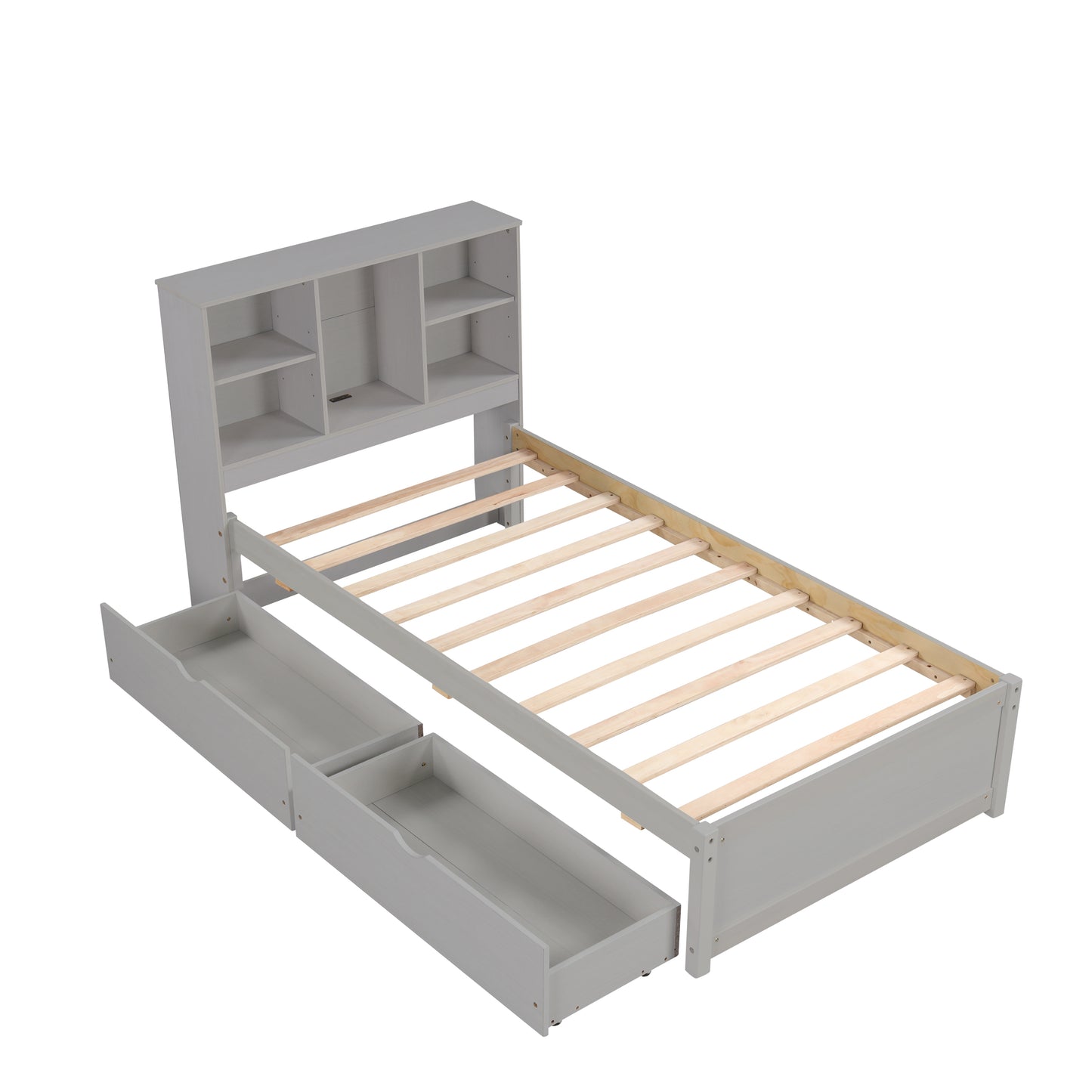 Gray twin bed frame with headboard shelves and two storage drawers