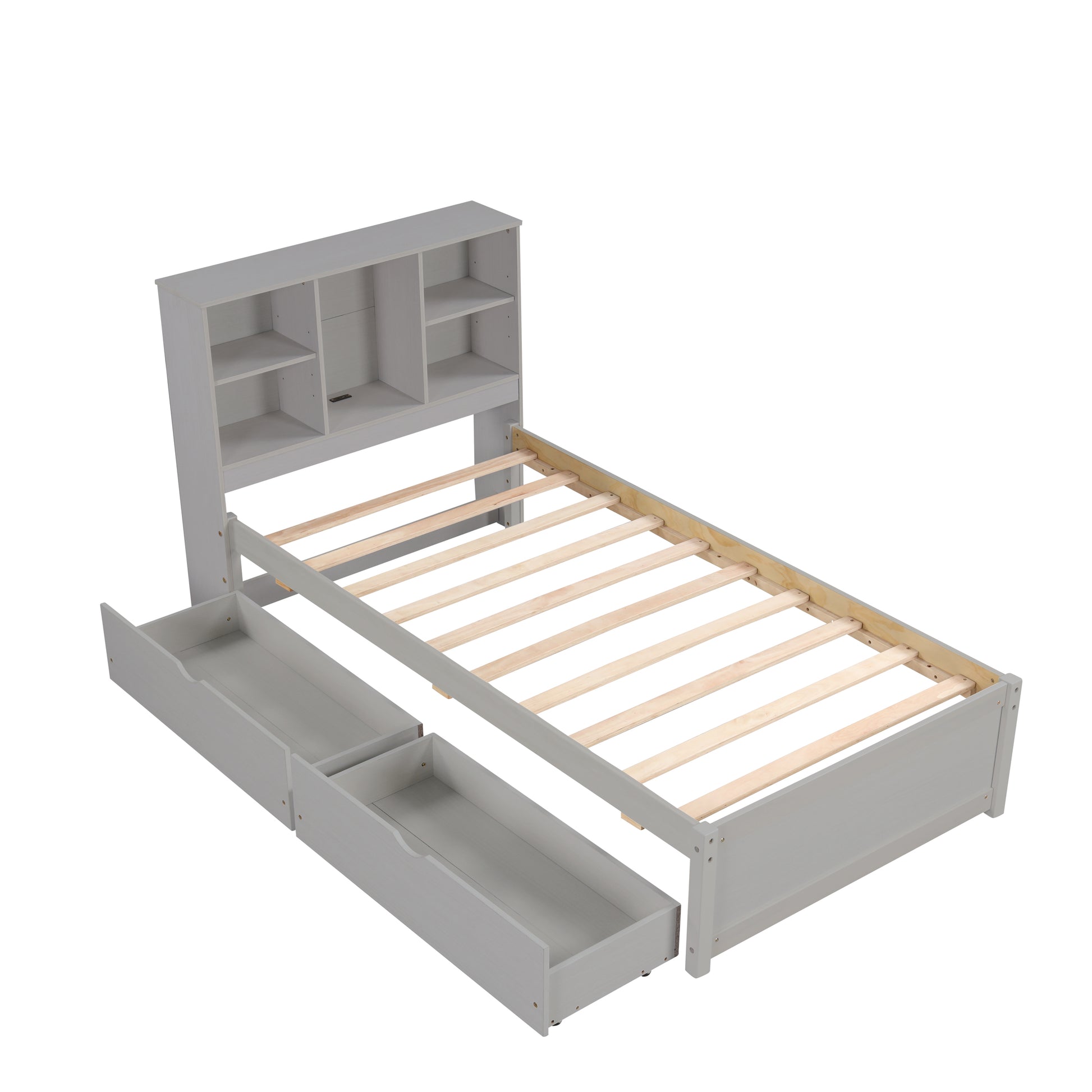 Gray twin bed frame with headboard shelves and two storage drawers