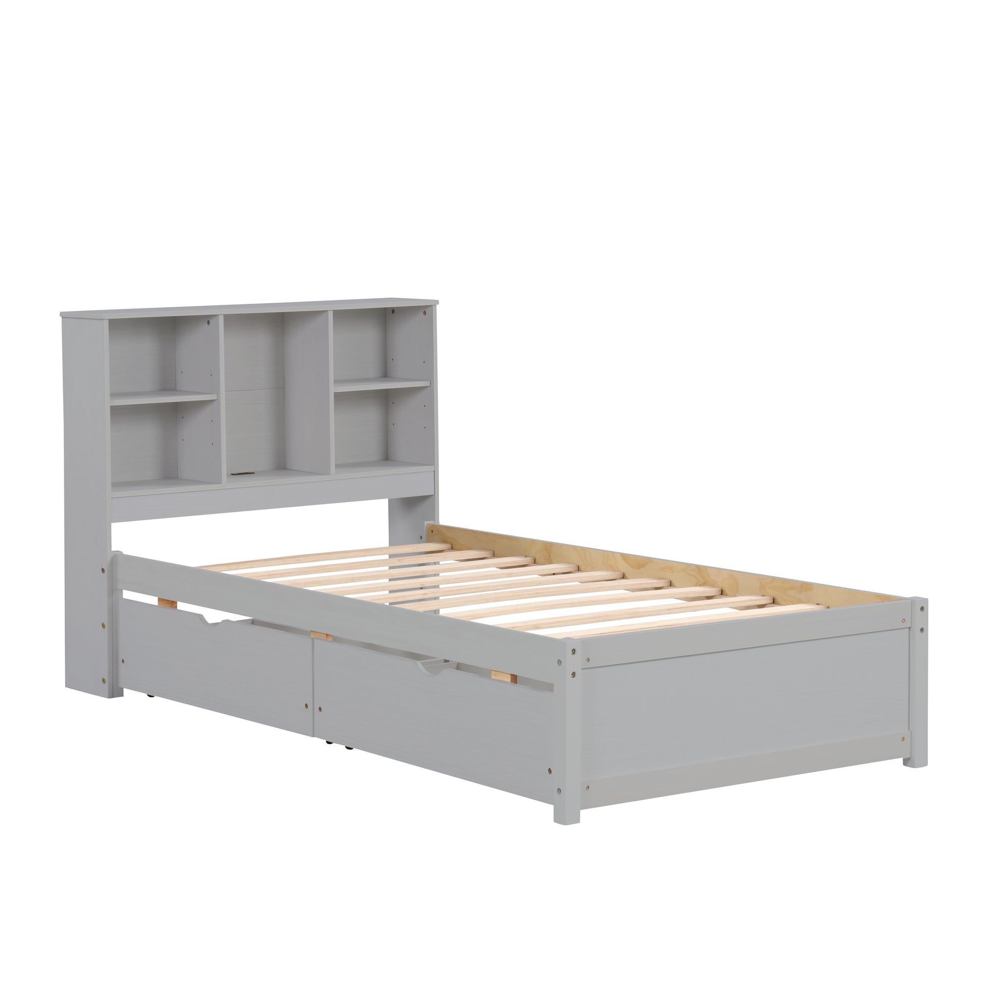 Grey twin bed frame with bookcase headboard and two storage drawers