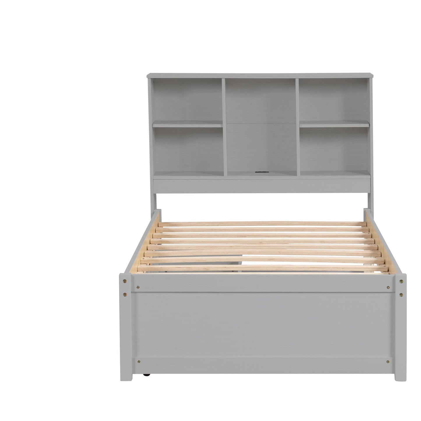 Gray twin bed with builtin bookshelf headboard and wooden slats