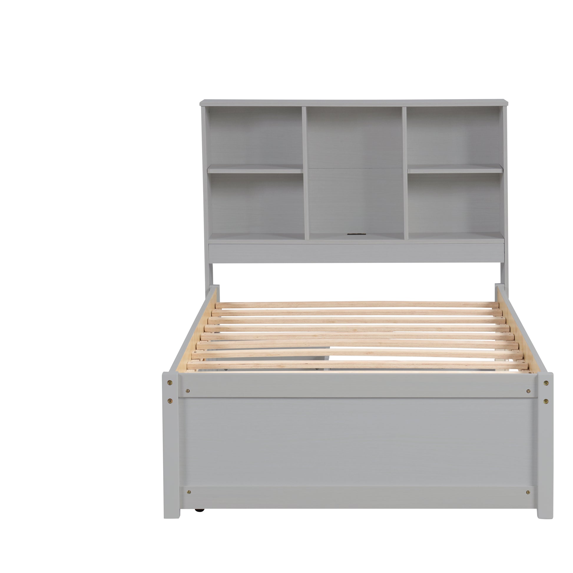 Gray twin bed with builtin bookshelf headboard and wooden slats