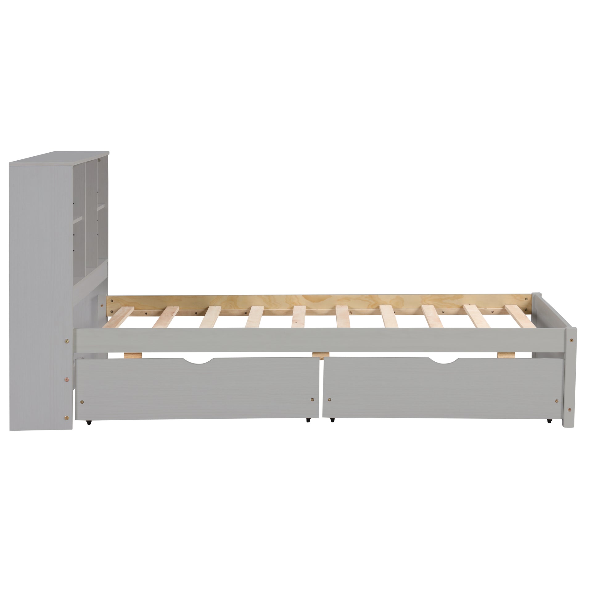 Gray wooden twin bed frame with bookcase headboard and two storage drawers
