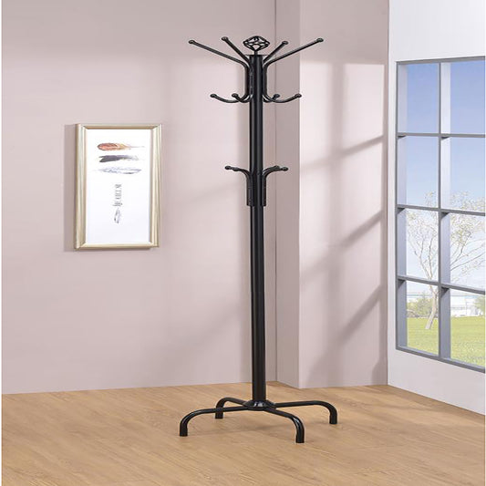 Black metal coat rack with decorative top and multiple hooks