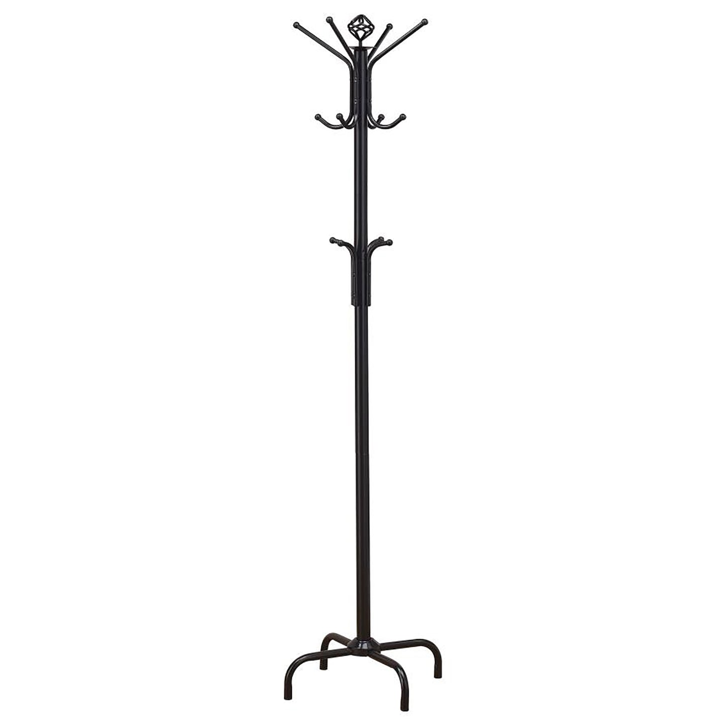 Black wrought iron coat rack with ornate top