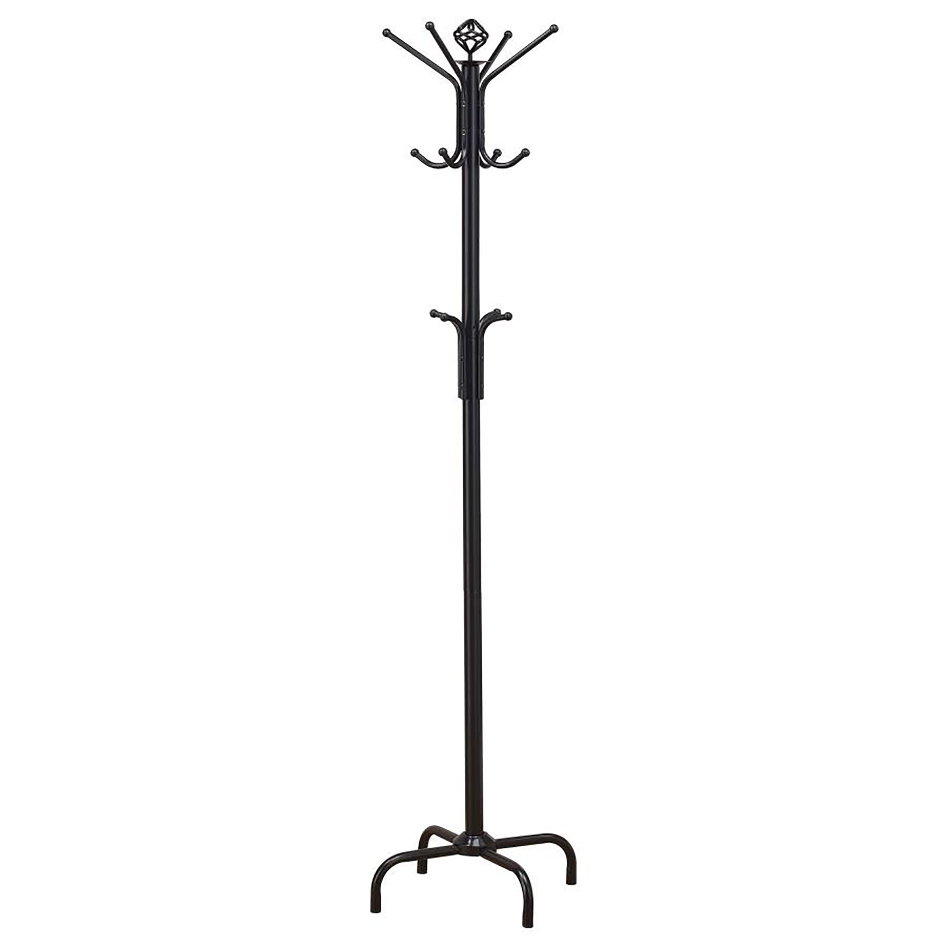 Black wrought iron coat rack with ornate top