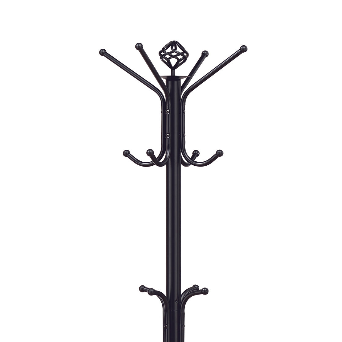 Black metal coat rack with tiered hooks and decorative finial