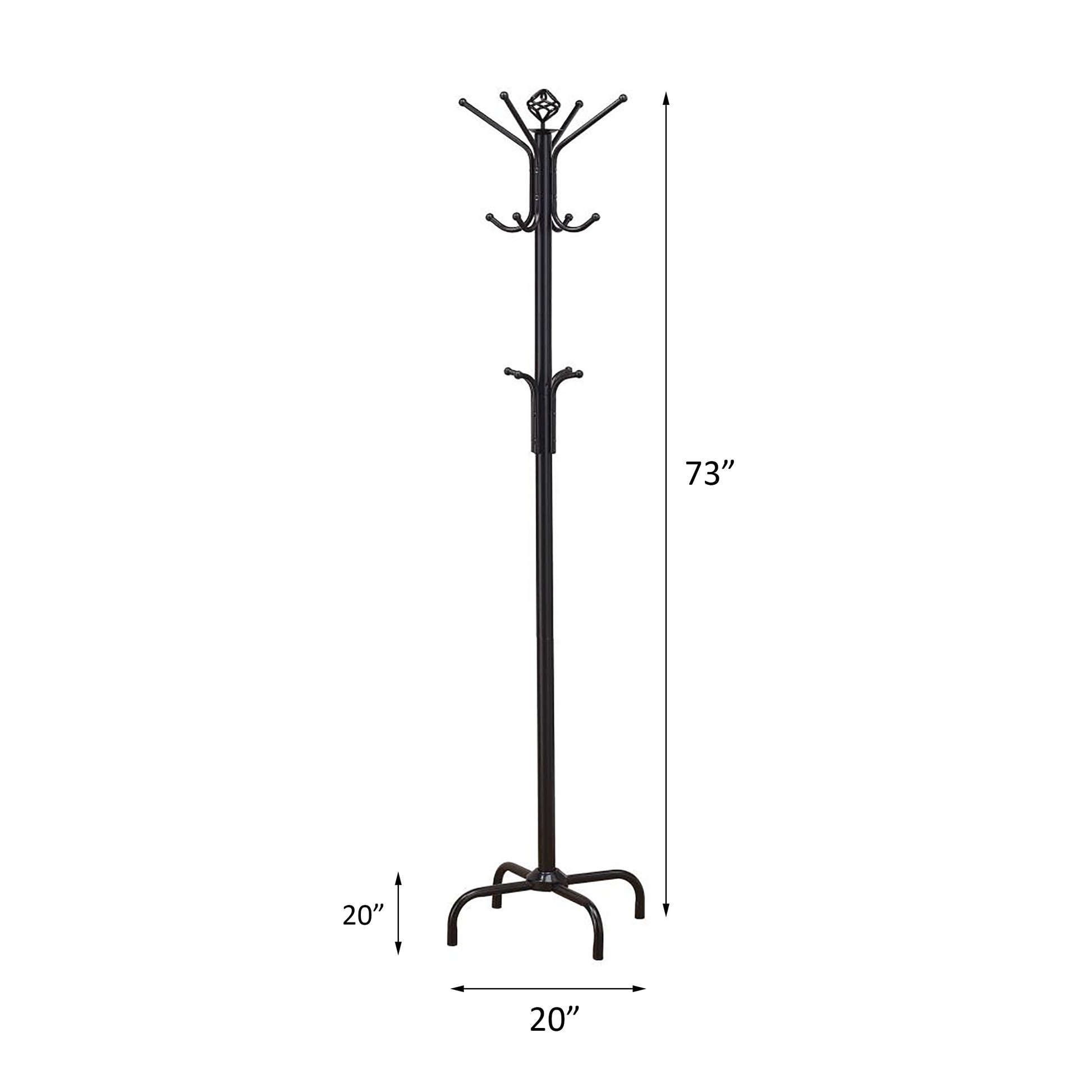 Tall black metal coat rack with  hooks and a decorative top