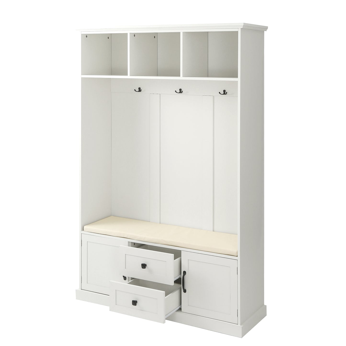 White entryway storage bench with open cubbies and coat hooks